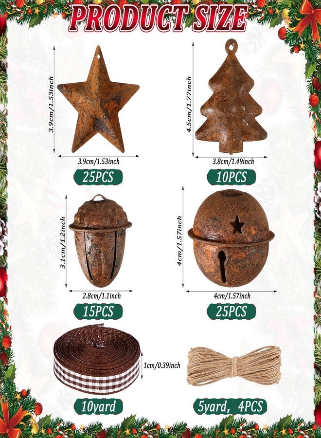 Vertintong 80 Pcs Christmas Rusty Metal Jingle Bells Kit Includes 25 Retro Rusty Bells 25 Rustic Metal Star 15 Country Acorn 10 Christmas Tree Bell with Jute Rope Ribbon Xmas Wreath Holiday Decoration - Image 2